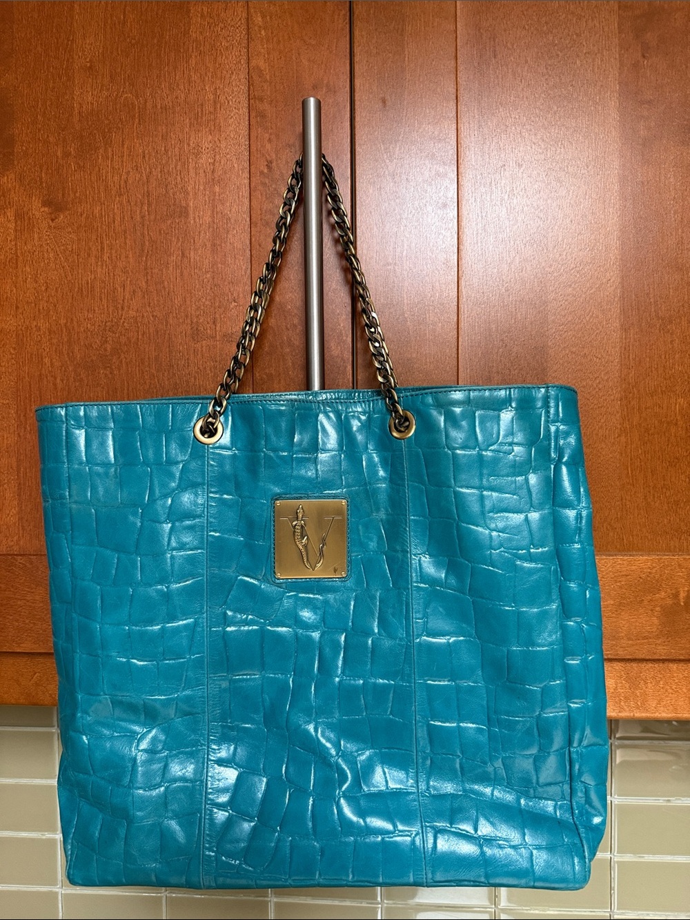 Turquoise Leather Tote with solid chain link handles and cotton lined